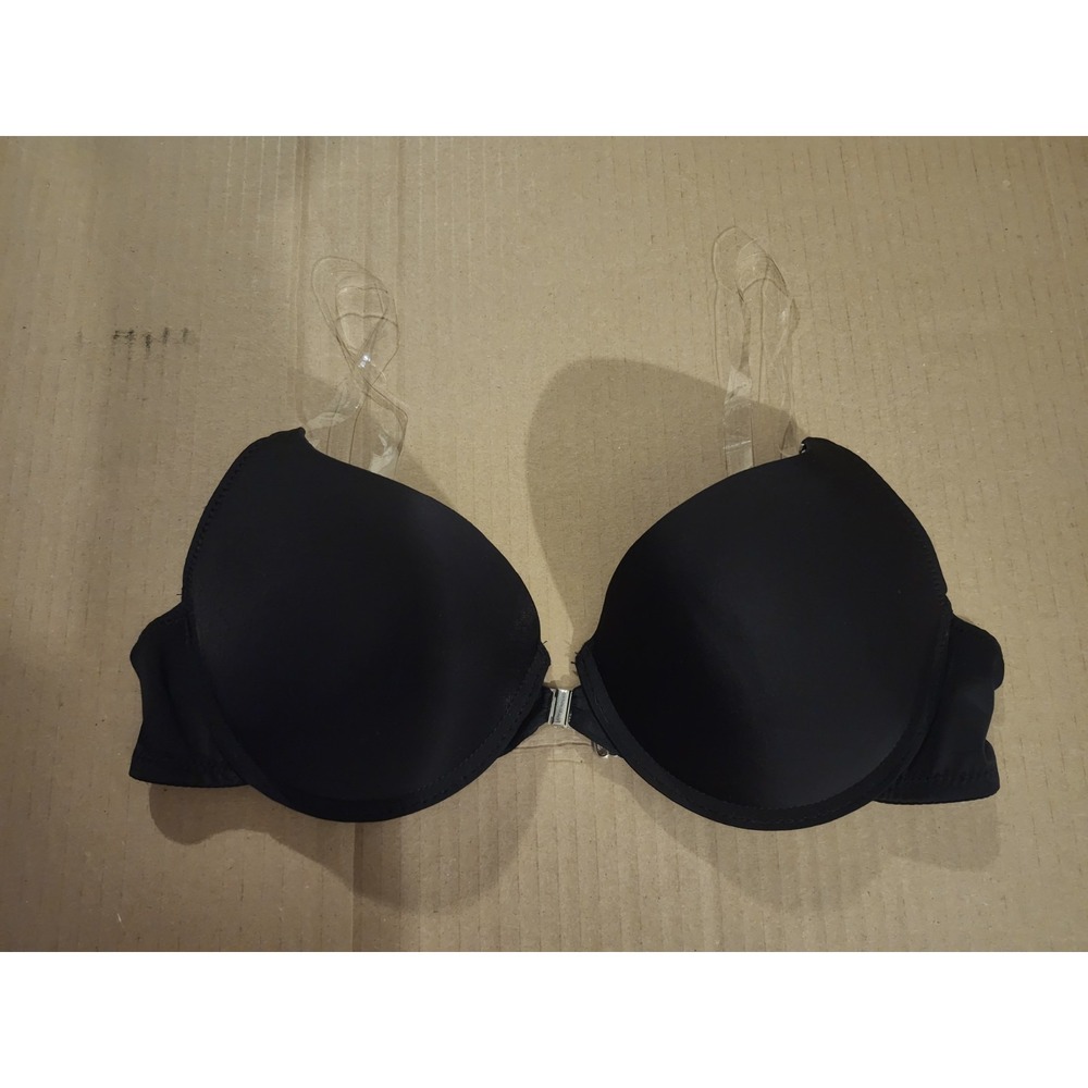 Womens Black Bra Sz 38B, front closure, clear straps, Adjustable, wired